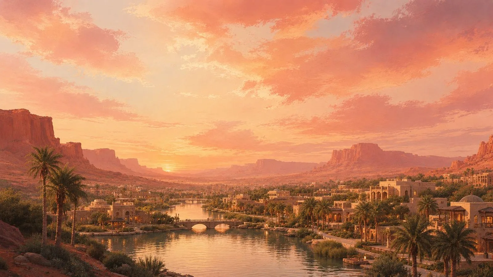 Desert oasis at sunset